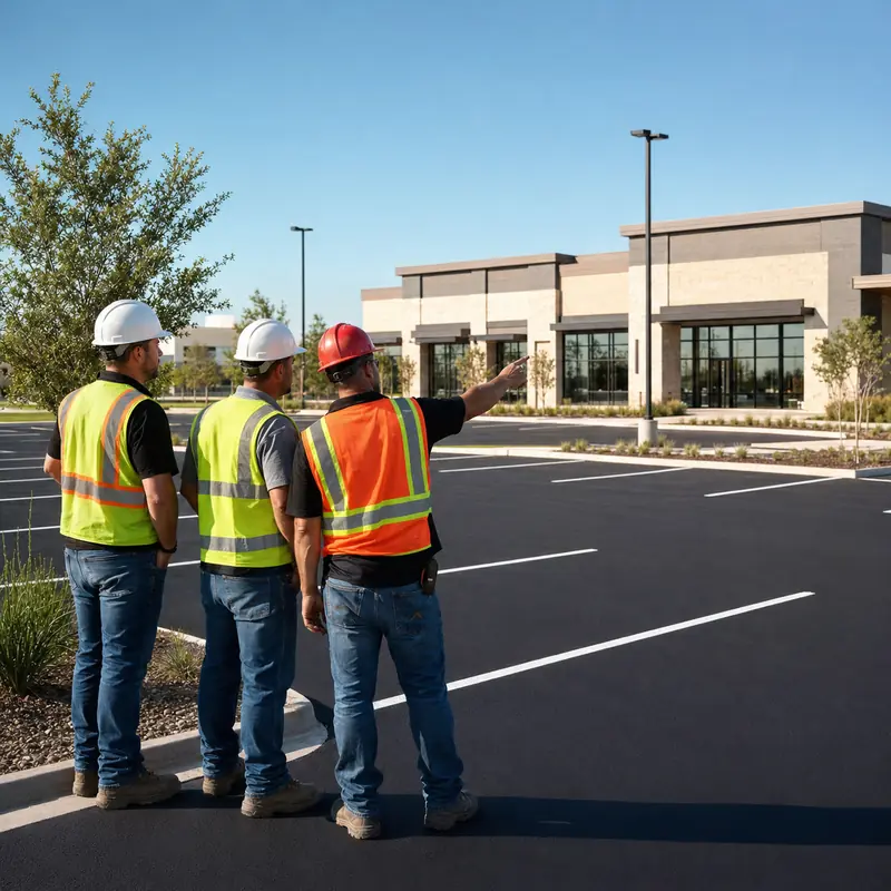 Express Paving crew inspecting a completed commercial paving project